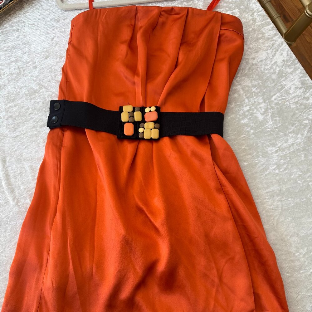 Sleeveless Silk Orange Party Mini Dress w/ Belt and Pockets BCBGMaxAzria XXS